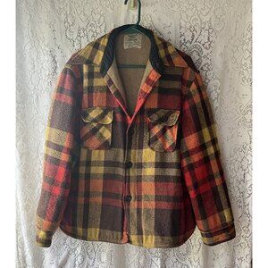 KMart Vintage 70’s Men’s Wool Flannel Button Up Shirt Plaid Jacket Red Brown Yel
